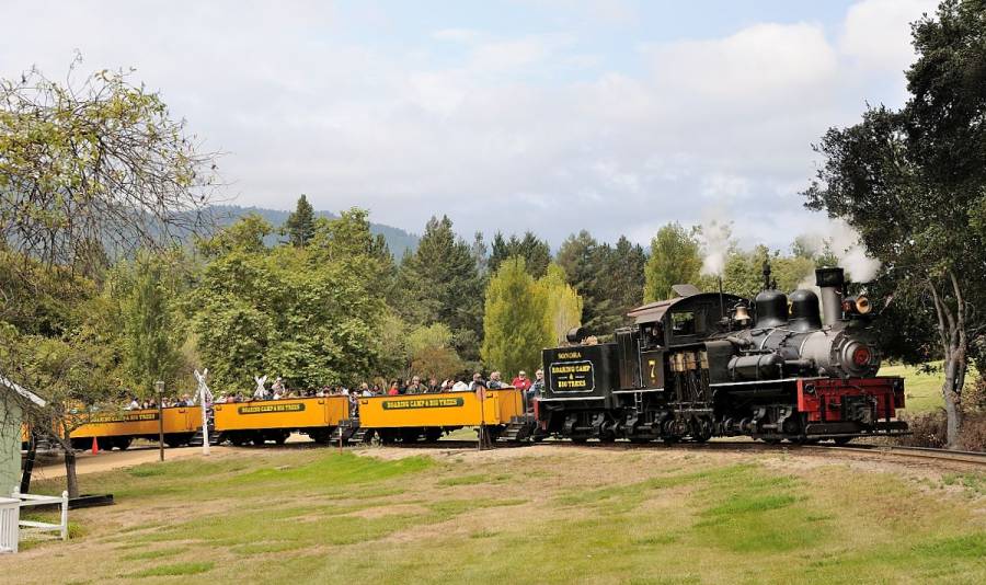 Die Shay Nr. 7 der Roaring Camp & Big Trees Narrow Gauge Railroad zieht ihren
Zug in die Steigung ausserhalb des Bahnhofs Roaring Camp.  ----- © Markus...